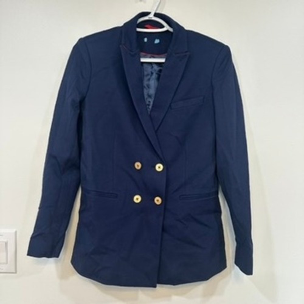 J Mclaughlin Womens Blazer 2 Navy Blue Double Breasted Career Stretch Jacket